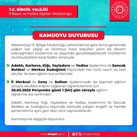Bingöl'de Okullar Kar Yağışı Yüzünden Kapandı